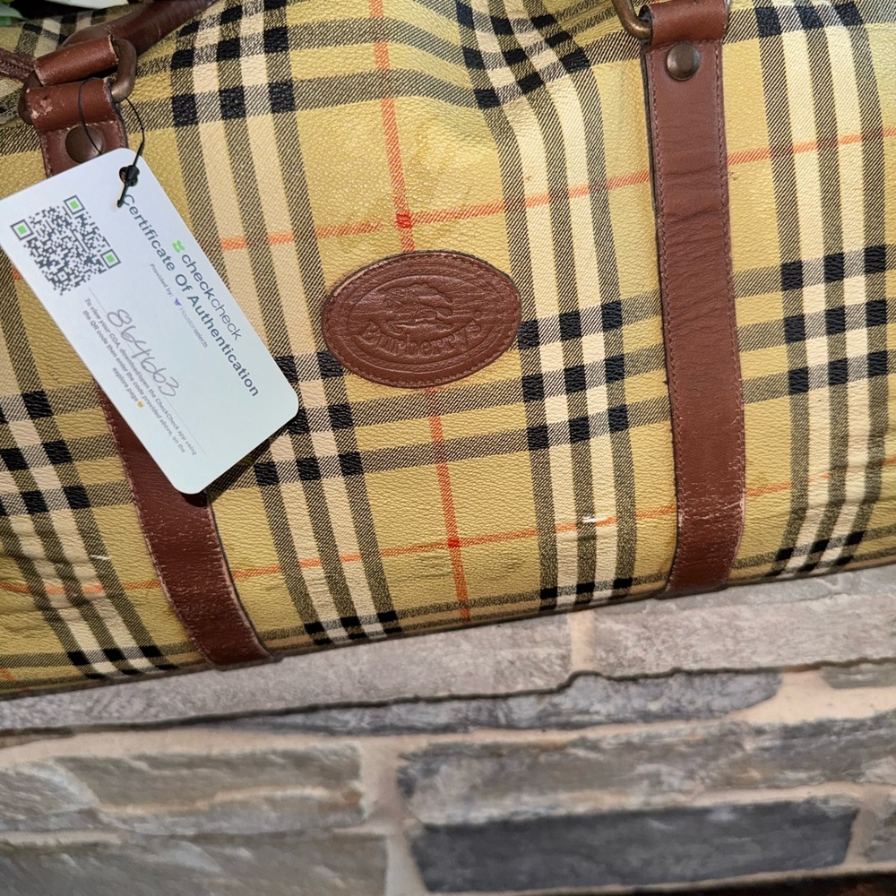 Burberry Haymarket Check weekender travel bag with Brown Straps and free COA